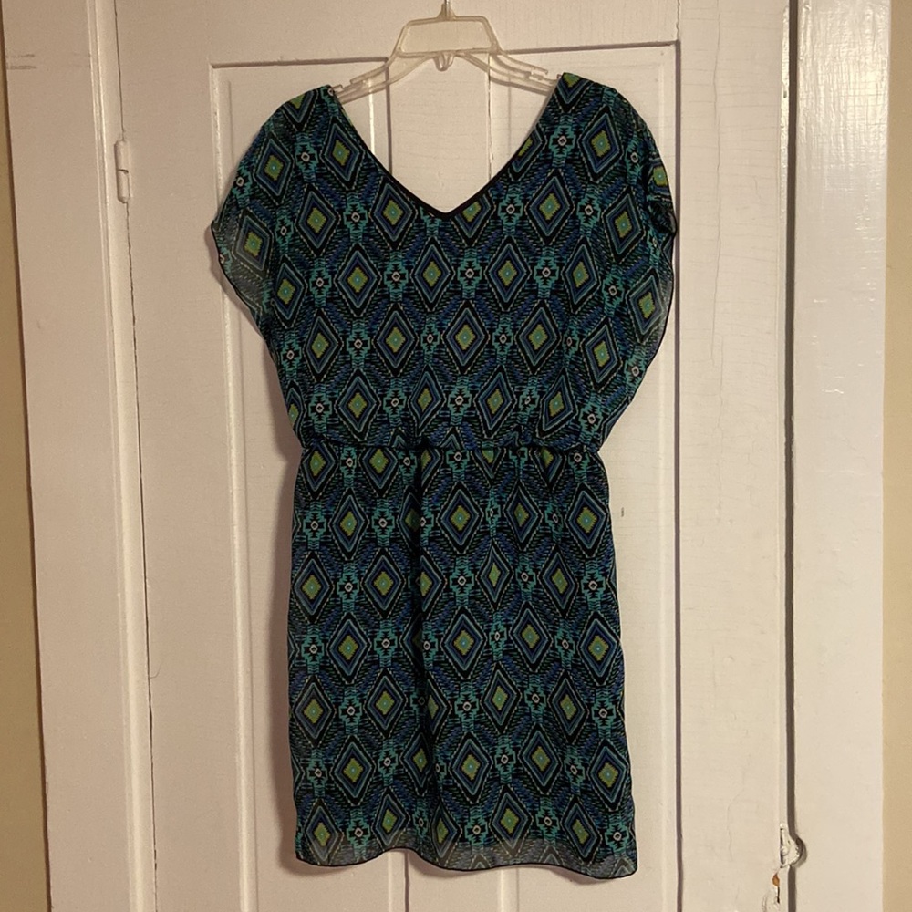 Blue and green patterned dress